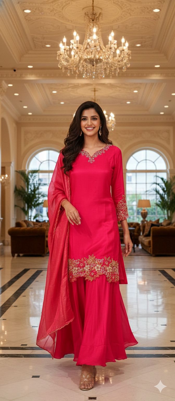 Tiny Pearl With Cut-Dana Spiral Work Tissue Full Suit Set With Dupatta & Loose Palazzo Bottom- 12732