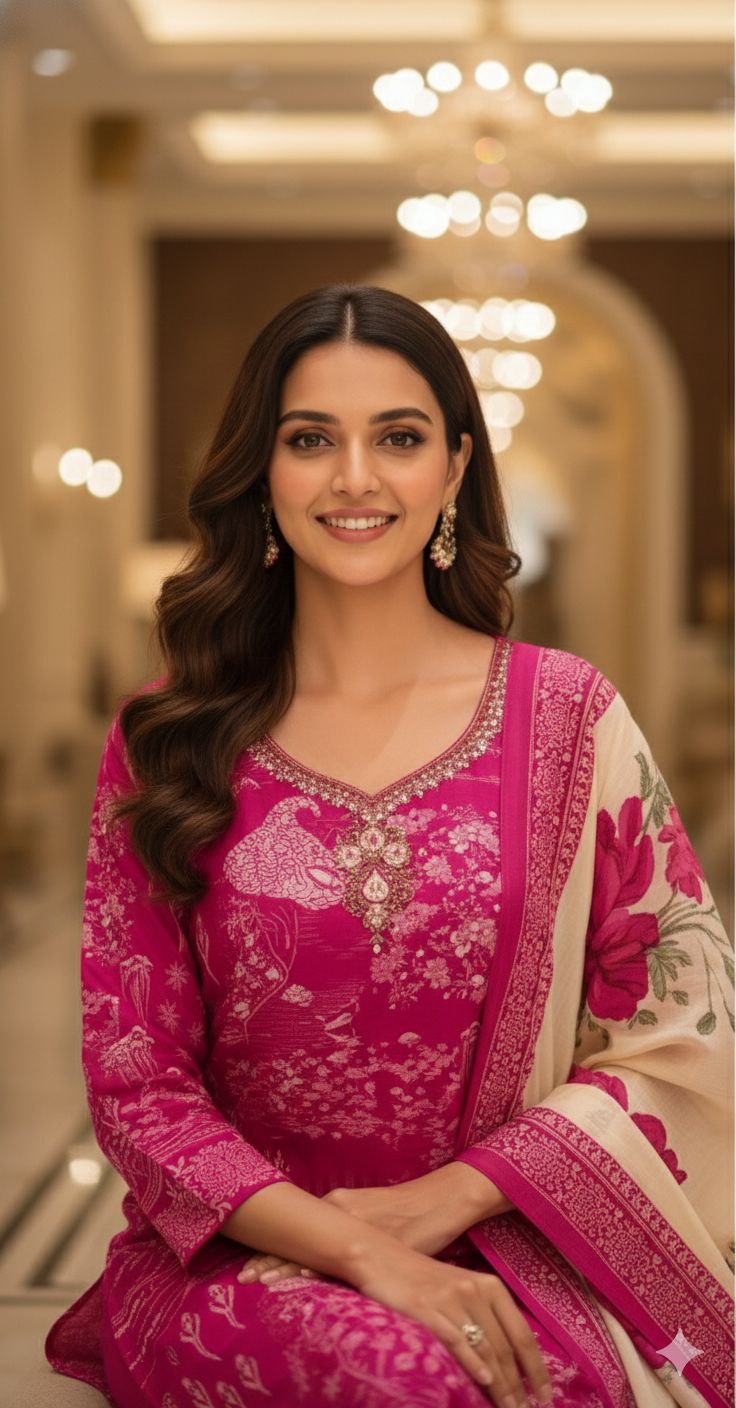 Multi Printed Fine Floral Beautiful Neck Line Crepe Full Suit Set With Floral Dupatta- 13063