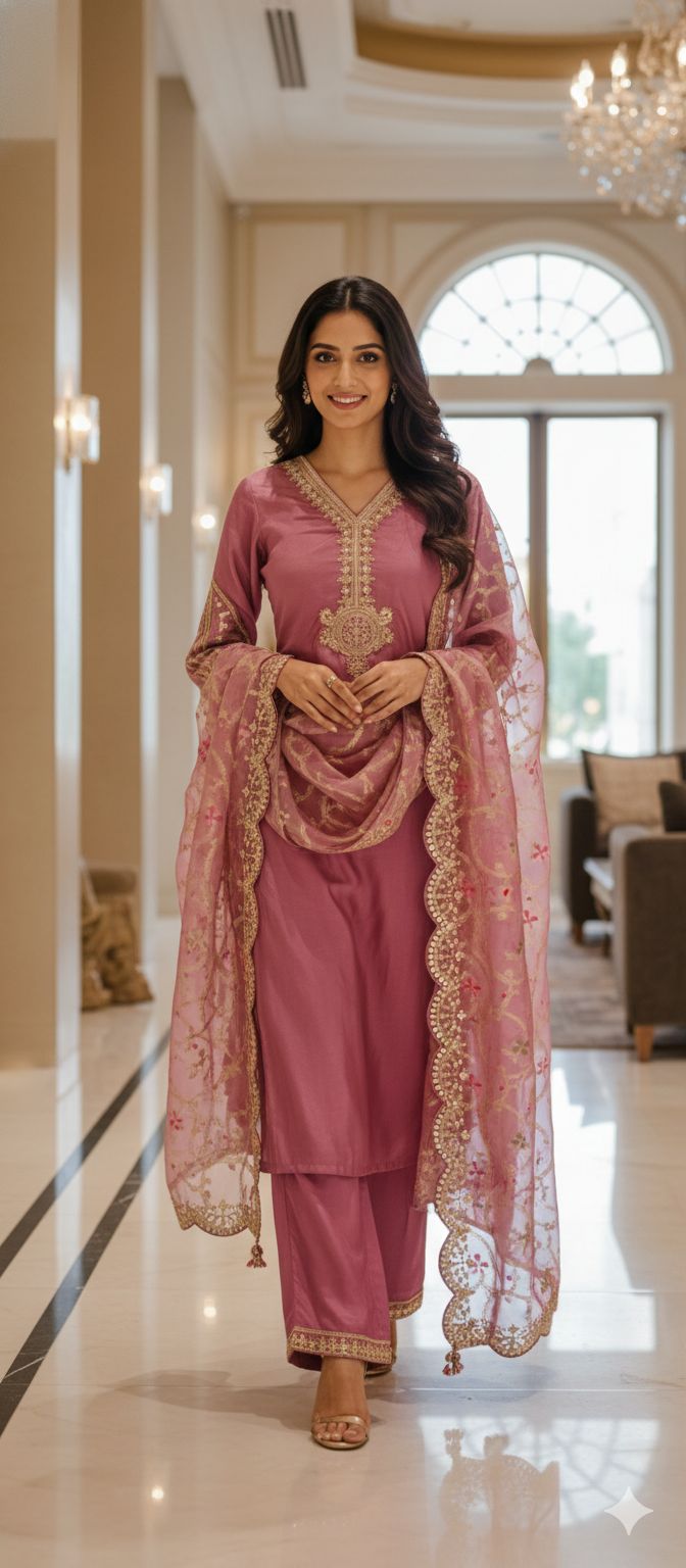 Kundan Look Golden Zardosi Work Cut-Work Grand Floral Dupatta Tissue Full Suit Set- 13050