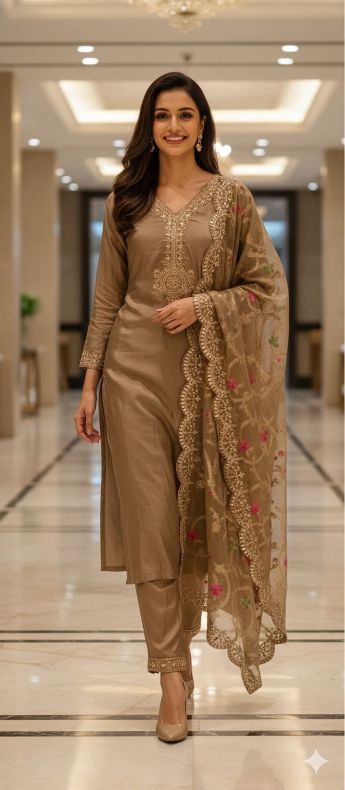 Kundan Look Golden Zardosi Work Cut-Work Grand Floral Dupatta Tissue Full Suit Set- 13050