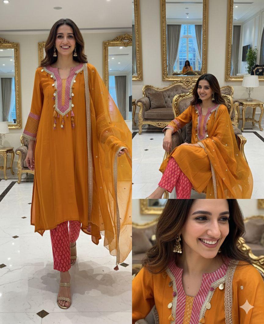 Boho Chic Designer A-Line Full Suit Set With Inner Bottom & Dupatta- 12926,27