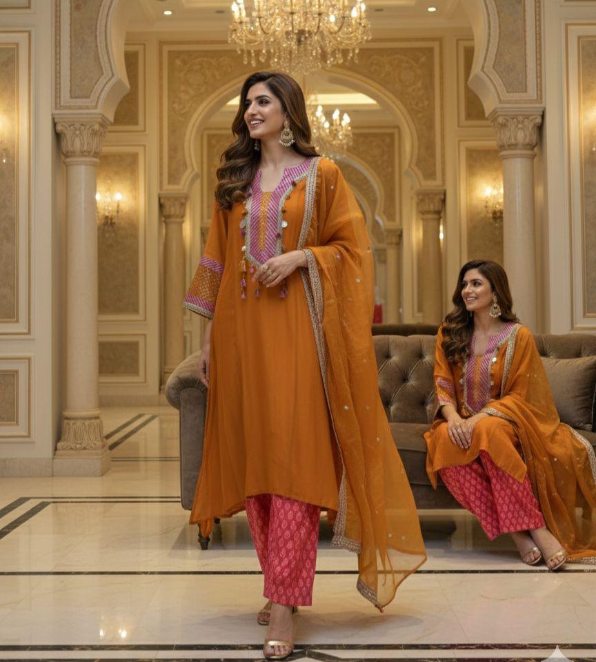 Boho Chic Designer A-Line Full Suit Set With Inner Bottom & Dupatta- 12926,27