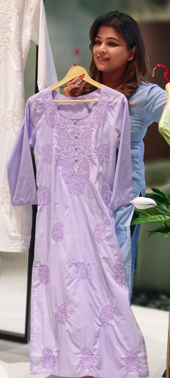 Chikankari Pastel Shade Buttoned Cotton Kurti Only- 13060