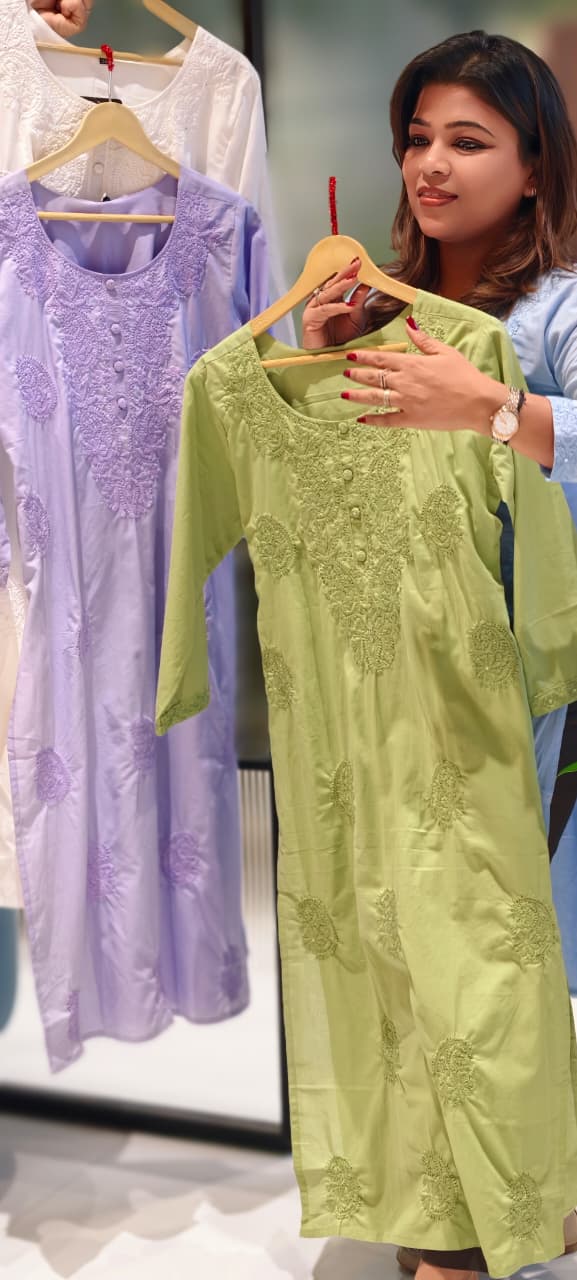 Chikankari Pastel Shade Buttoned Cotton Kurti Only- 13060