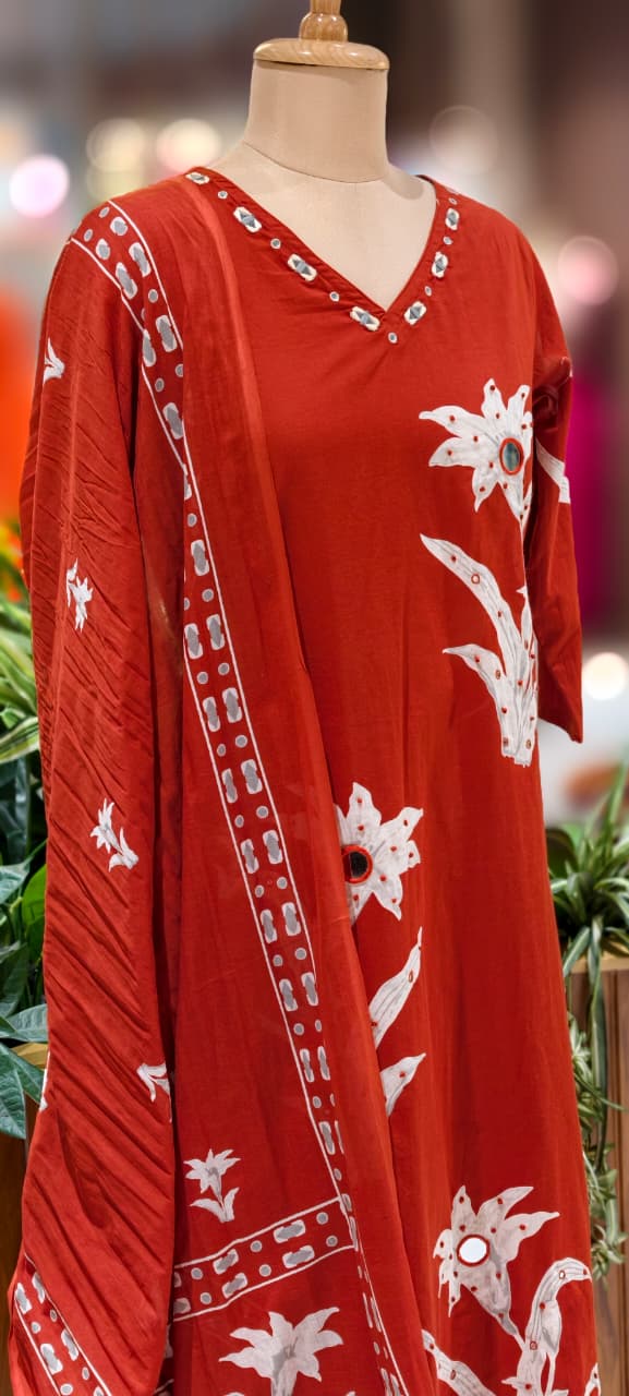 Foil Mirror Printed Straight Cotton Full Suit With Matching Dupatta & Bottom- 12991