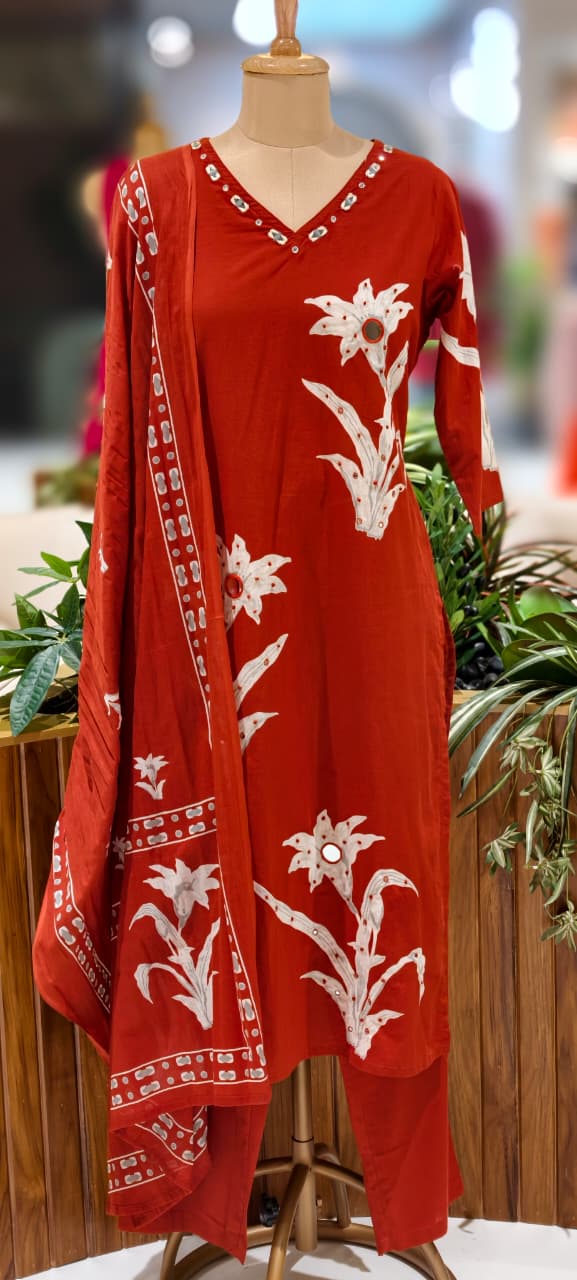 Foil Mirror Printed Straight Cotton Full Suit With Matching Dupatta & Bottom- 12991