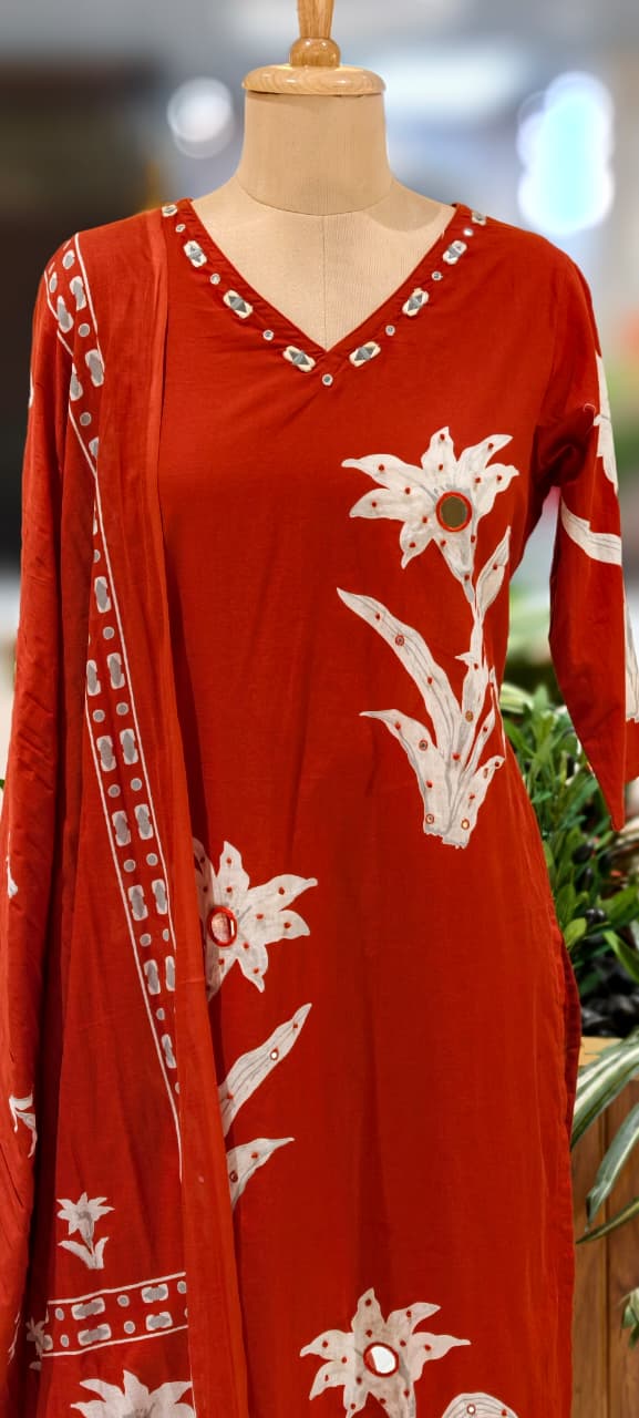 Foil Mirror Printed Straight Cotton Full Suit With Matching Dupatta & Bottom- 12991