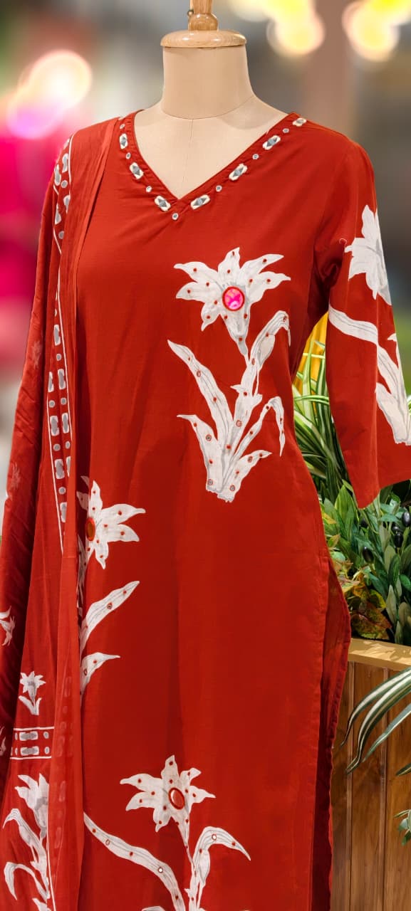 Foil Mirror Printed Straight Cotton Full Suit With Matching Dupatta & Bottom- 12991