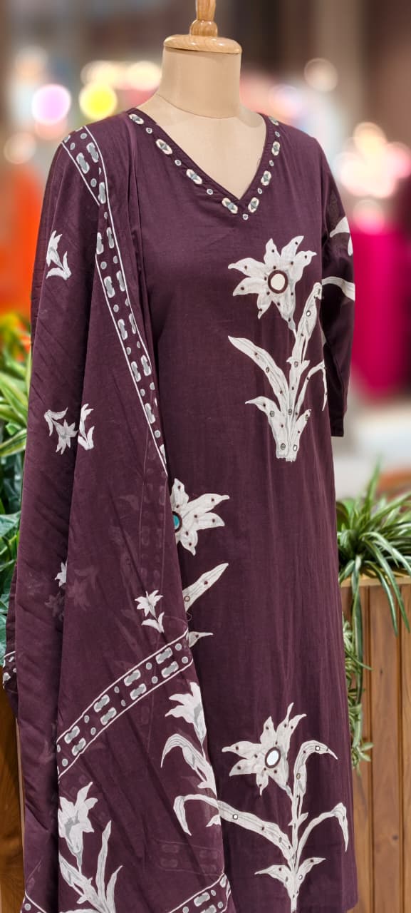 Foil Mirror Printed Straight Cotton Full Suit With Matching Dupatta & Bottom- 12991