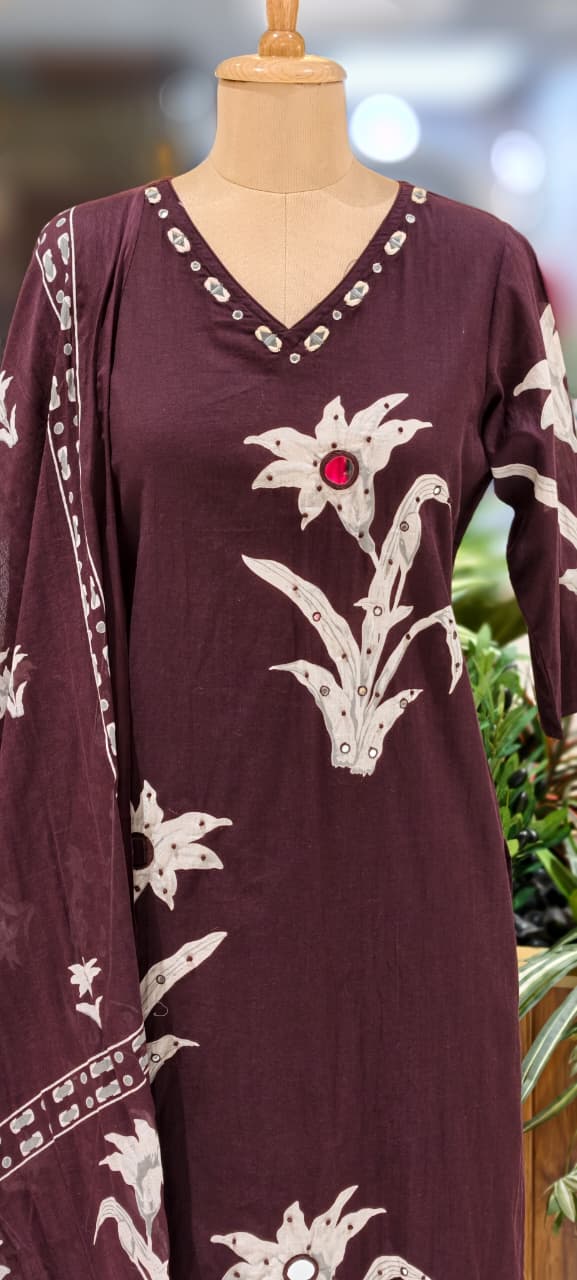 Foil Mirror Printed Straight Cotton Full Suit With Matching Dupatta & Bottom- 12991