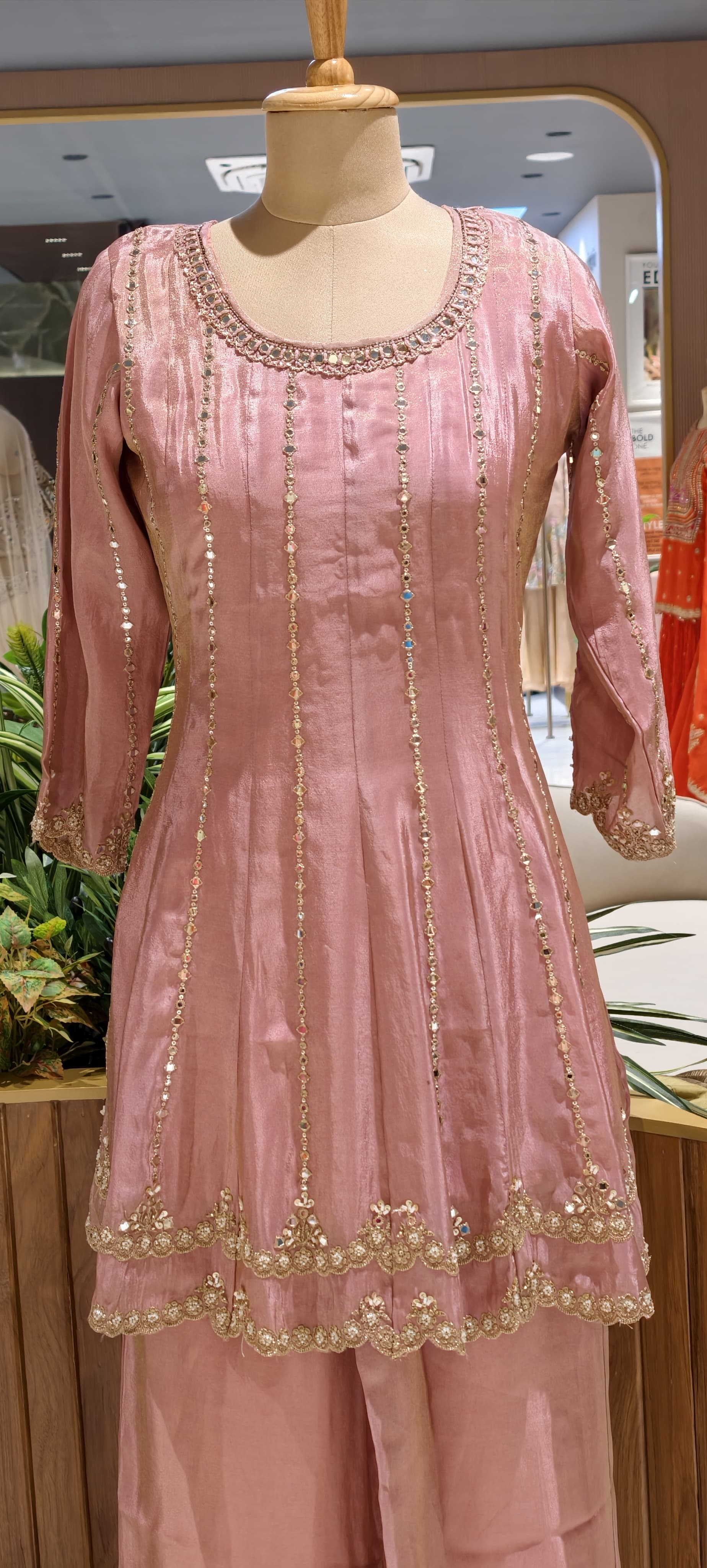 Peplum Style Real Mirror With Thread Upwork Elegant Tissue Panel Short Length Kurta With Palazzo Bottom Set- 13069