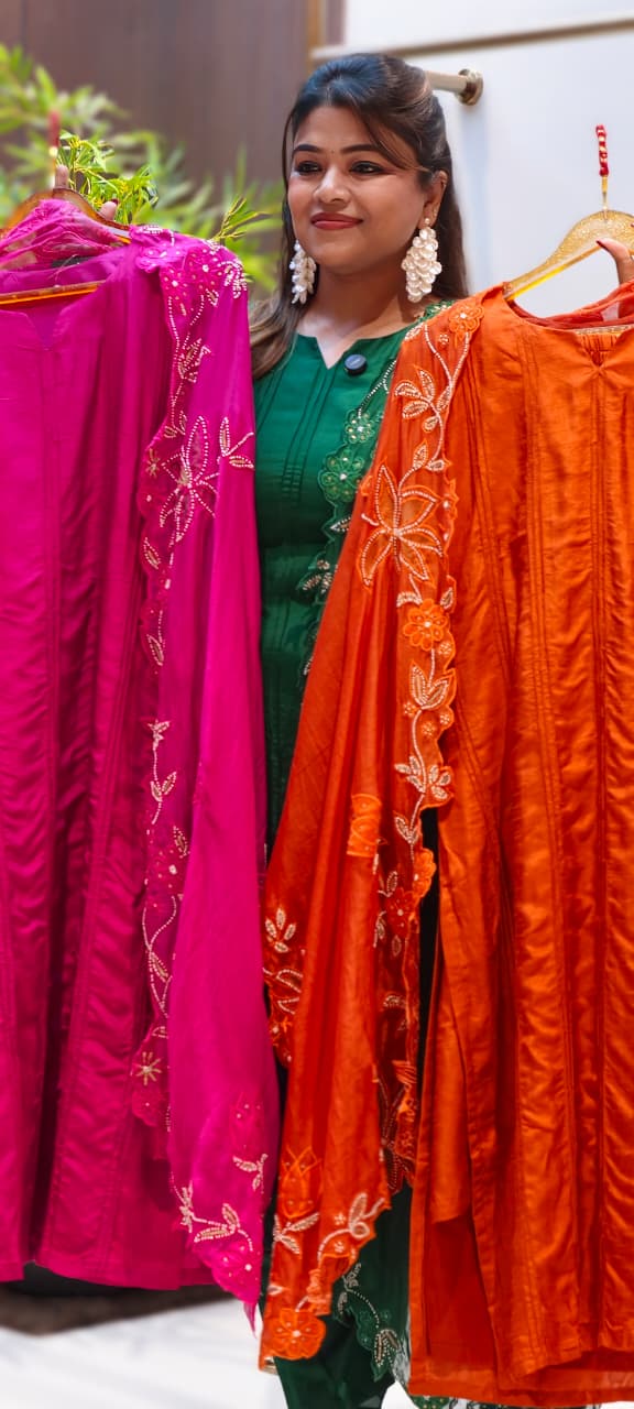 Solid Pleated Straight Full Suit Set With Complete Cut-Work Dupatta In Russian Silk Fabric-13085