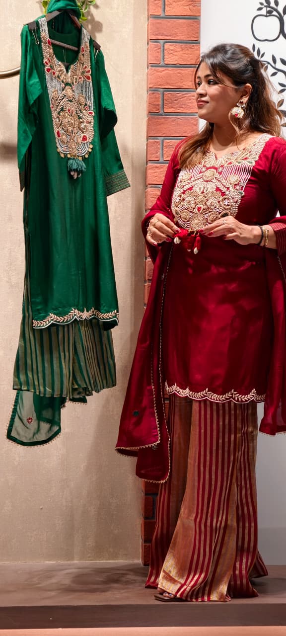 Royal Zardosi Charm Embroidery Work Short Length Kurta With Striped Palazzo Bottom & In Tissue Fabric-13084