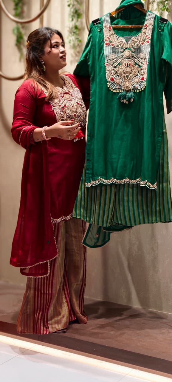 Royal Zardosi Charm Embroidery Work Short Length Kurta With Striped Palazzo Bottom & In Tissue Fabric-13084