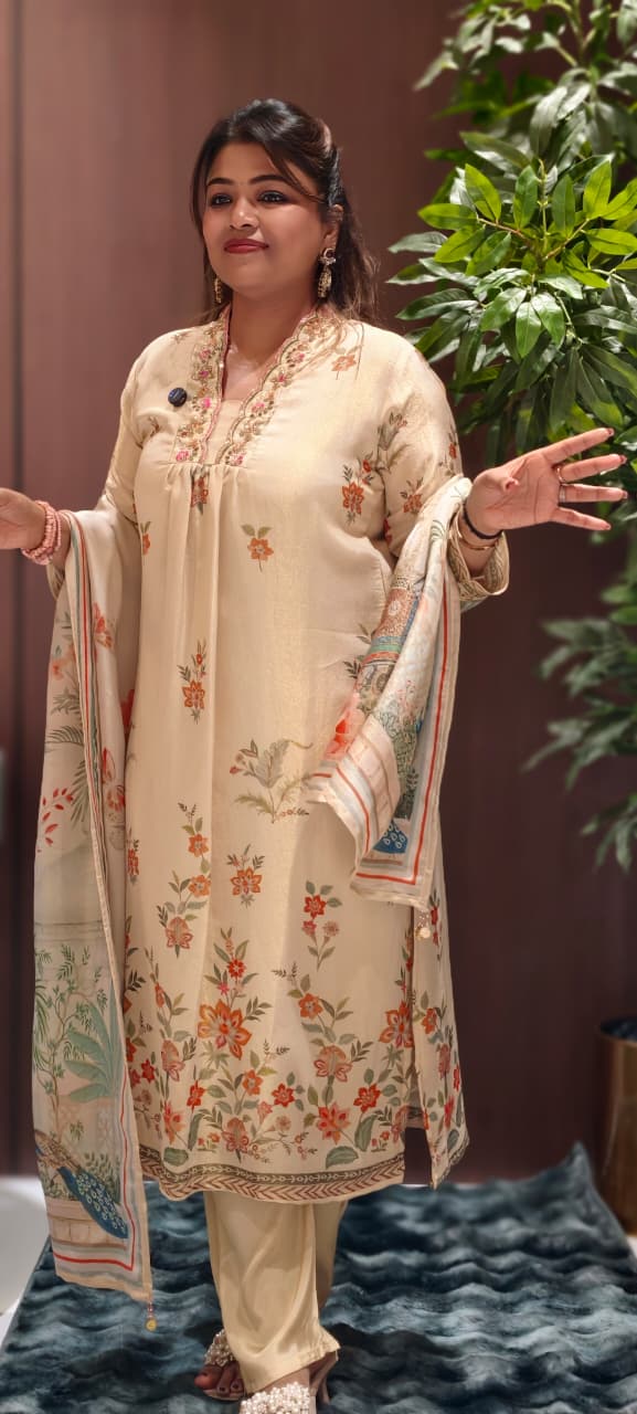 Digital Floral Patterned Print Unique Cut-Work Neck Line Full Suit Set With Dupatta-13078