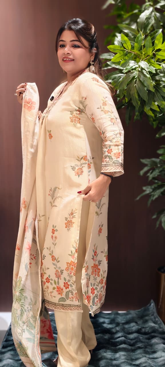 Digital Floral Patterned Print Unique Cut-Work Neck Line Full Suit Set With Dupatta-13078