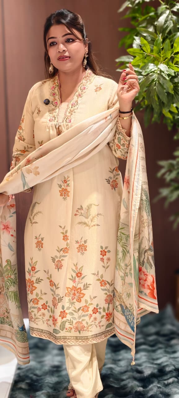 Digital Floral Patterned Print Unique Cut-Work Neck Line Full Suit Set With Dupatta-13078