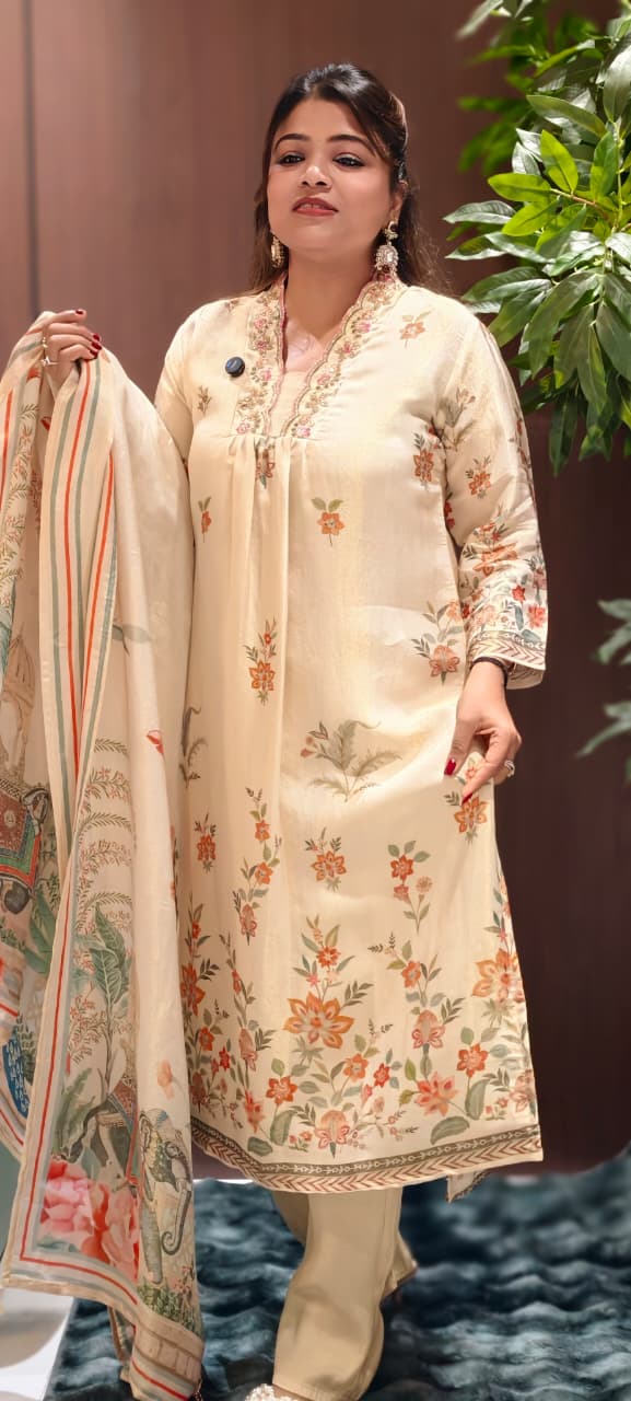 Digital Floral Patterned Print Unique Cut-Work Neck Line Full Suit Set With Dupatta-13078