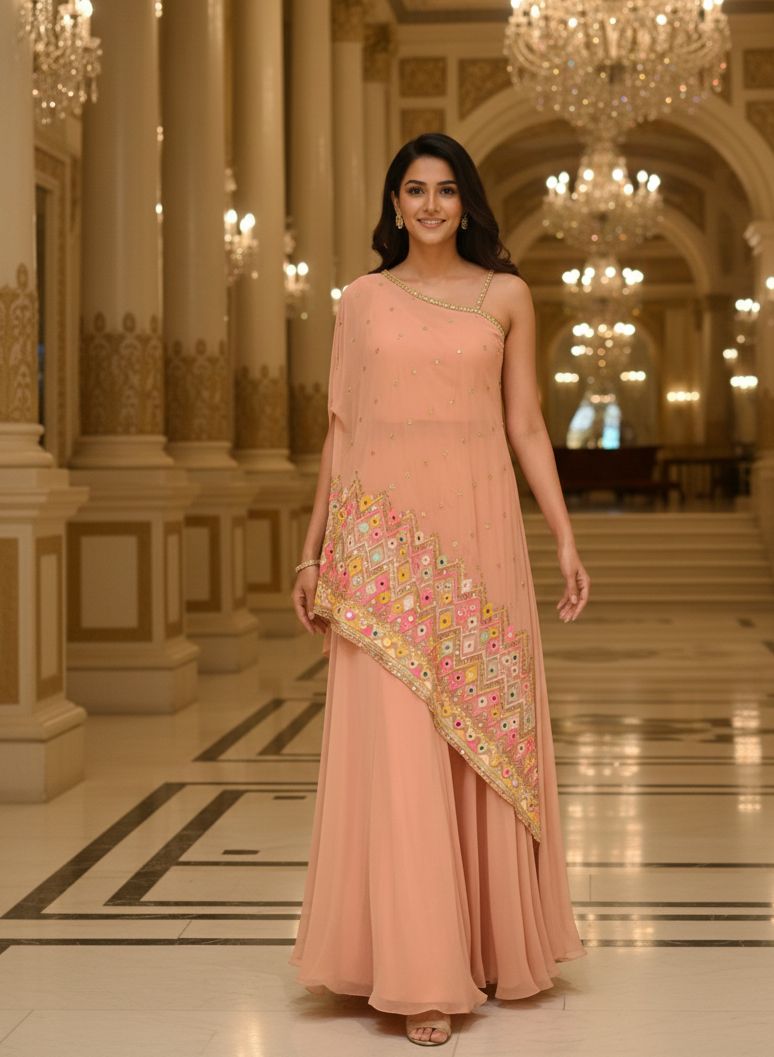 Asymmetrical Mirror Bloom Ethnic Designer Suit With Loose Palazzo Bottom In Georgette Fabric- 13072