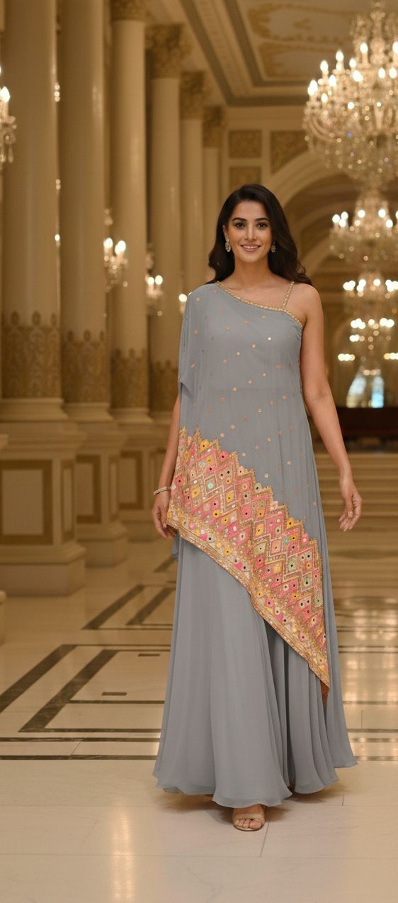 Asymmetrical Mirror Bloom Ethnic Designer Suit With Loose Palazzo Bottom In Georgette Fabric- 13072