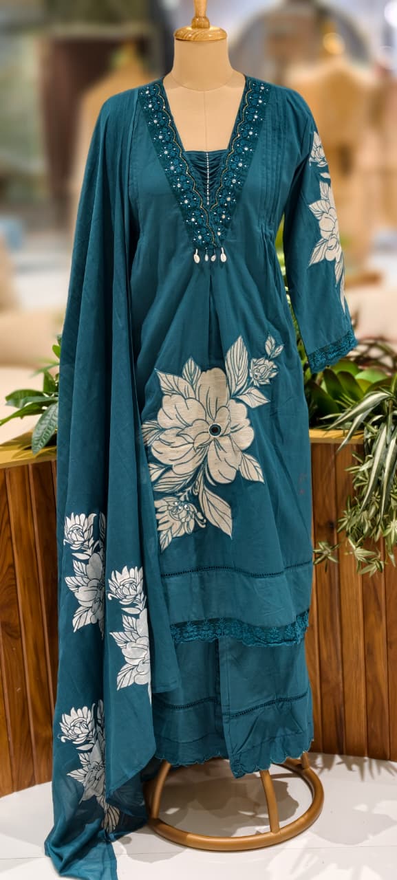 Giant Floral Print Unique Neck Line With Tiny Pearl Pleated A-Line Cotton Full Suit Set With Dupatta- 13075
