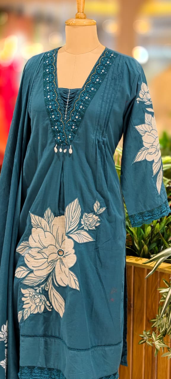 Giant Floral Print Unique Neck Line With Tiny Pearl Pleated A-Line Cotton Full Suit Set With Dupatta- 13075