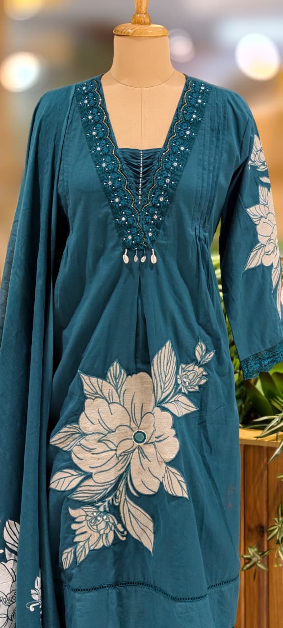 Giant Floral Print Unique Neck Line With Tiny Pearl Pleated A-Line Cotton Full Suit Set With Dupatta- 13075