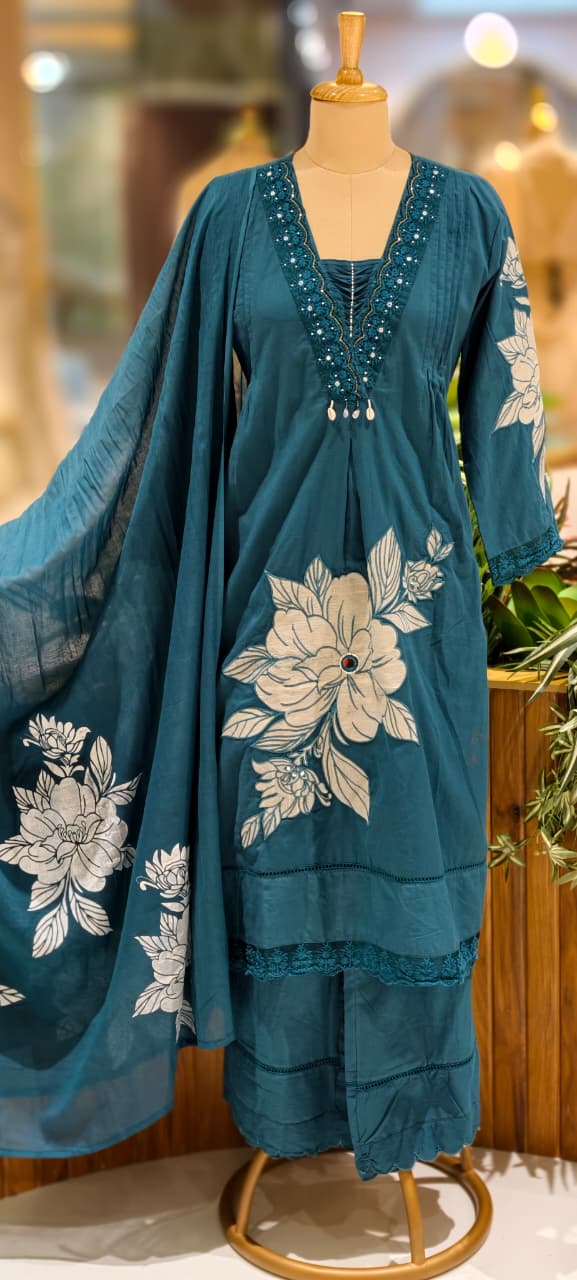 Giant Floral Print Unique Neck Line With Tiny Pearl Pleated A-Line Cotton Full Suit Set With Dupatta- 13075