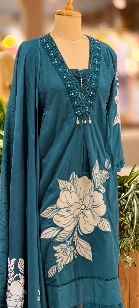 Giant Floral Print Unique Neck Line With Tiny Pearl Pleated A-Line Cotton Full Suit Set With Dupatta- 13075