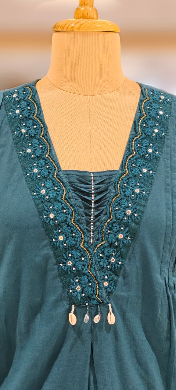 Giant Floral Print Unique Neck Line With Tiny Pearl Pleated A-Line Cotton Full Suit Set With Dupatta- 13075