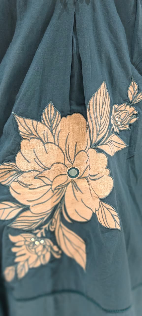 Giant Floral Print Unique Neck Line With Tiny Pearl Pleated A-Line Cotton Full Suit Set With Dupatta- 13075