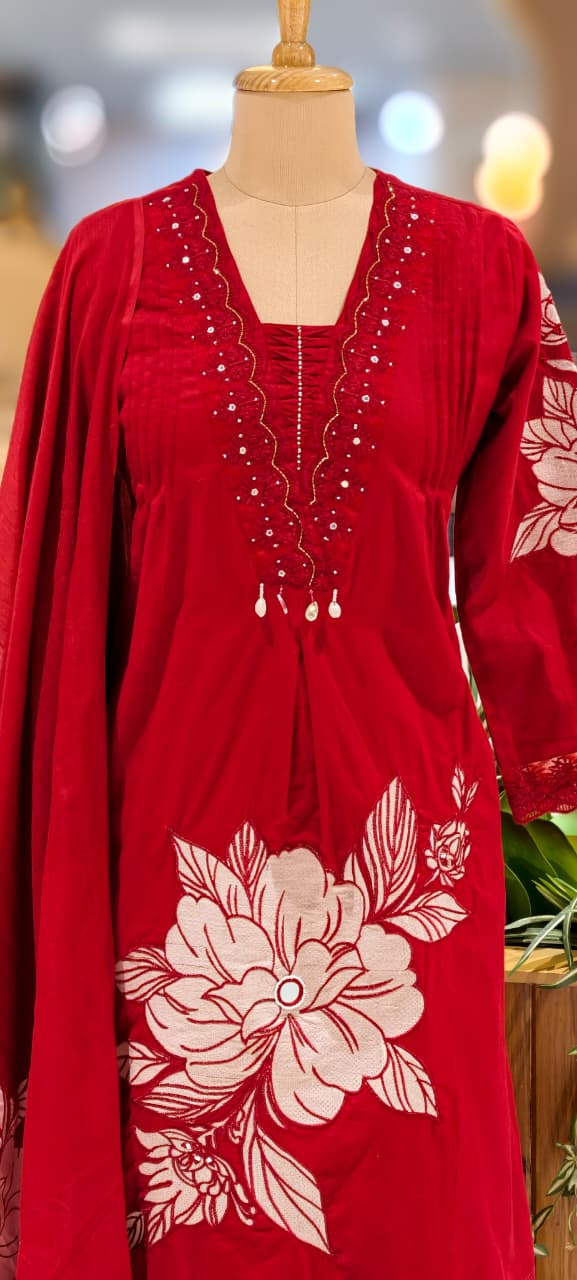 Giant Floral Print Unique Neck Line With Tiny Pearl Pleated A-Line Cotton Full Suit Set With Dupatta- 13075