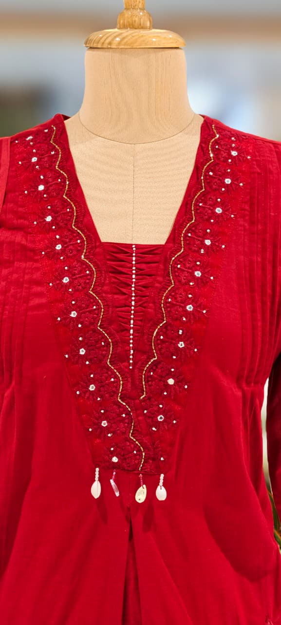 Giant Floral Print Unique Neck Line With Tiny Pearl Pleated A-Line Cotton Full Suit Set With Dupatta- 13075