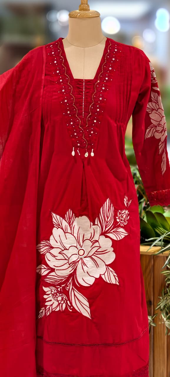 Giant Floral Print Unique Neck Line With Tiny Pearl Pleated A-Line Cotton Full Suit Set With Dupatta- 13075