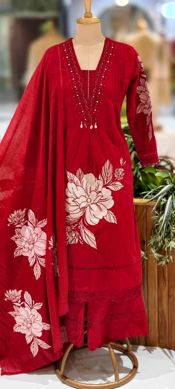 Giant Floral Print Unique Neck Line With Tiny Pearl Pleated A-Line Cotton Full Suit Set With Dupatta- 13075