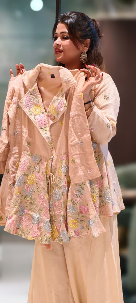 Very Elegant Floral Embroidery Collared Peplum Kurta With Taperred Palazzo Bottom- 13070