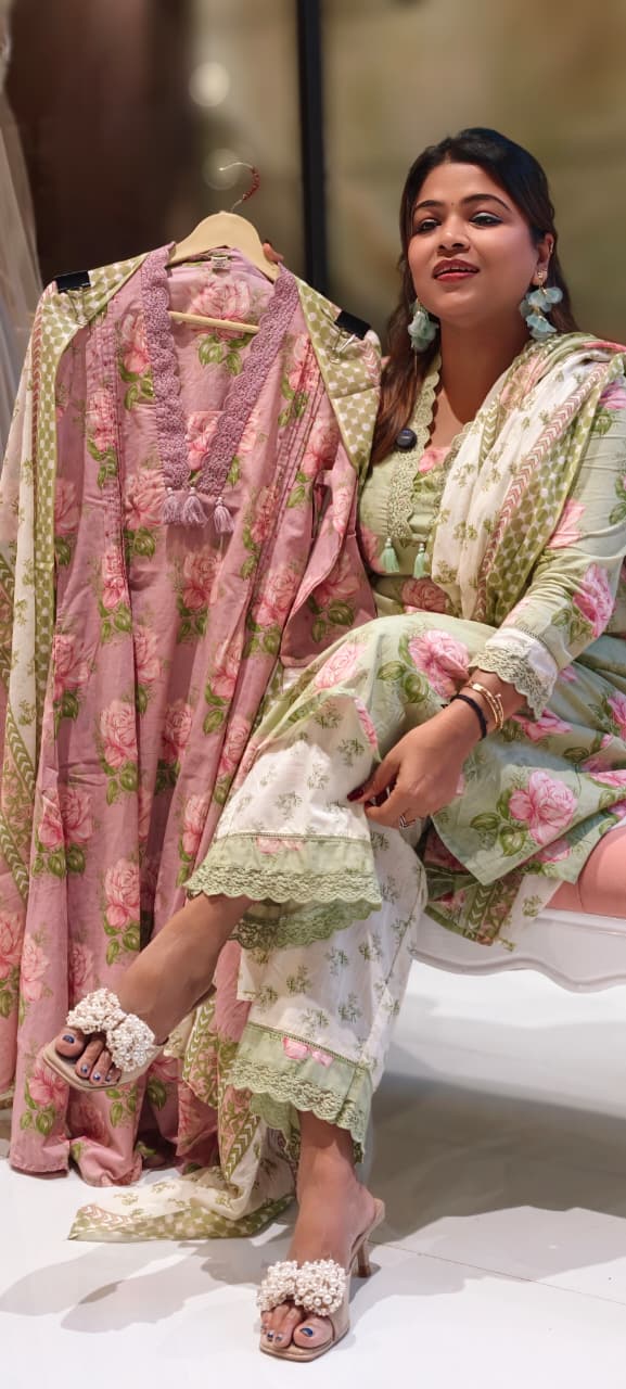 Rose Floral Printed Cut-Work Crosia Lace A-Line Full Suit Set With Dupatta In Cotton Fabric-