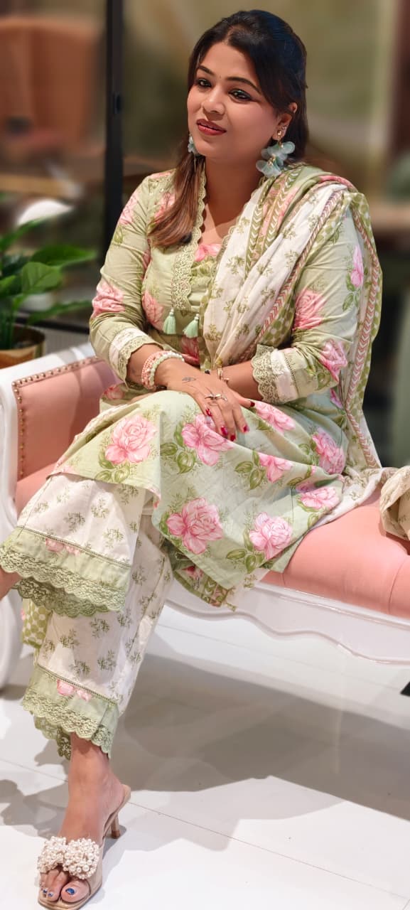 Rose Floral Printed Cut-Work Crosia Lace A-Line Full Suit Set With Dupatta In Cotton Fabric-