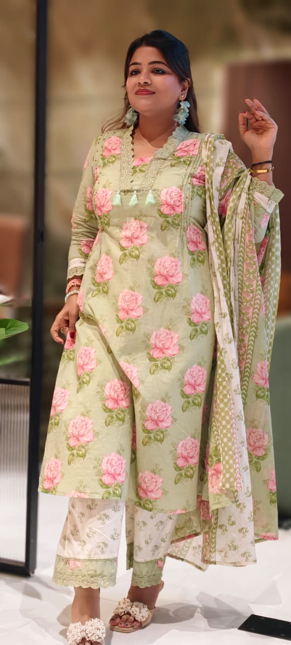 Rose Floral Printed Cut-Work Crosia Lace A-Line Full Suit Set With Dupatta In Cotton Fabric-