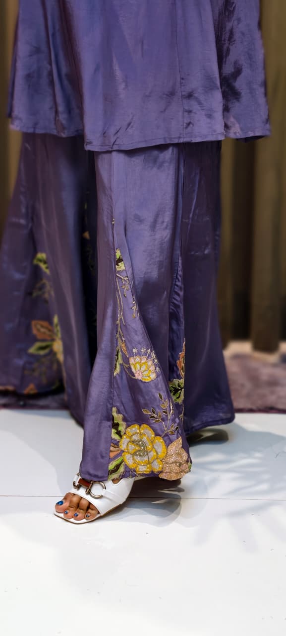 Fine Floral Embroidery Yoke Peplum Style Kurta With Panel Palazzo Bottom- 13073