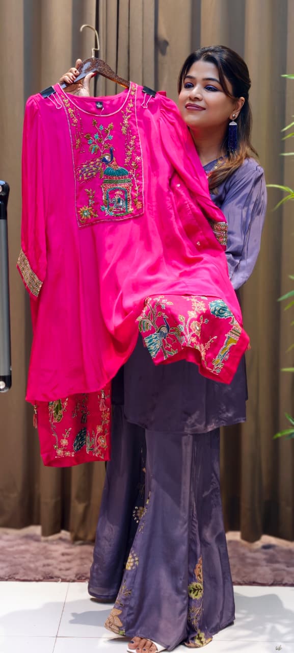 Figured Embroidery With Cut-Dana Outline A-Line Balloon Sleeve Kurta With Worked Straight Bottom- 13068