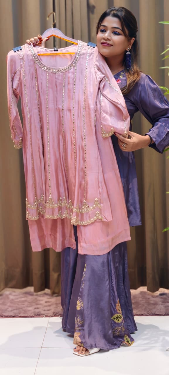 Peplum Style Real Mirror With Thread Upwork Elegant Tissue Panel Short Length Kurta With Palazzo Bottom Set- 13069