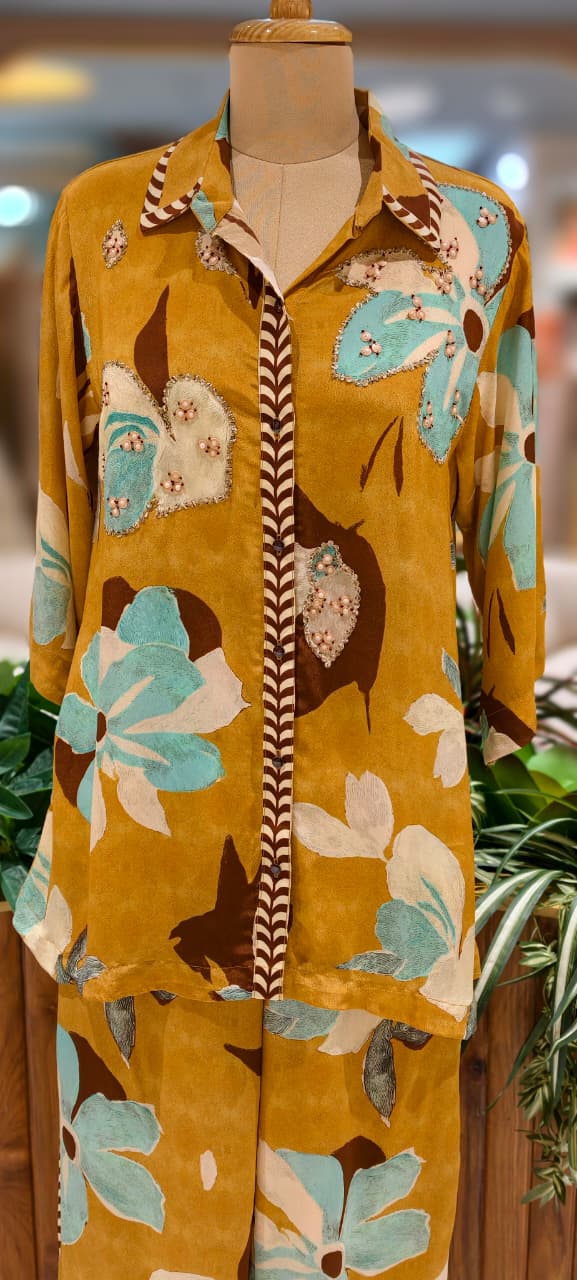 Stylish Indo-Western Kurta Pant Set for Women Mustard Floral Printed Shirt-Style Kurta With Matching Printed Pants In Crepe Fabric- 13090