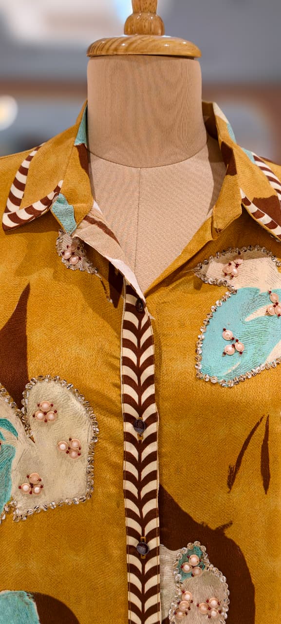 Stylish Indo-Western Kurta Pant Set for Women Mustard Floral Printed Shirt-Style Kurta With Matching Printed Pants In Crepe Fabric- 13090