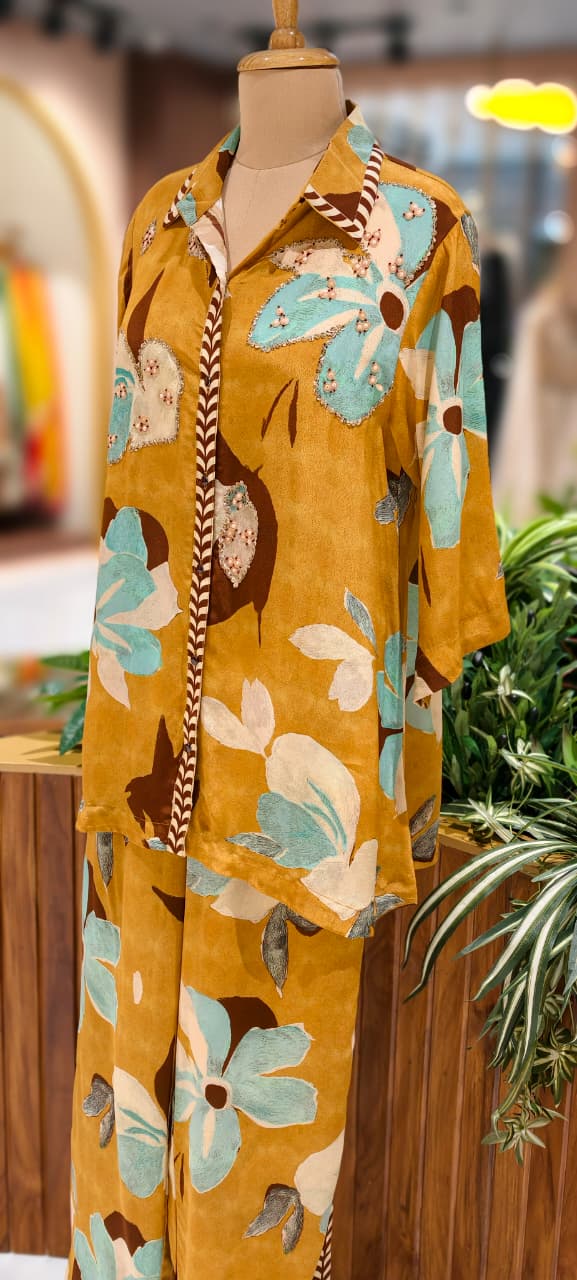 Stylish Indo-Western Kurta Pant Set for Women Mustard Floral Printed Shirt-Style Kurta With Matching Printed Pants In Crepe Fabric- 13090