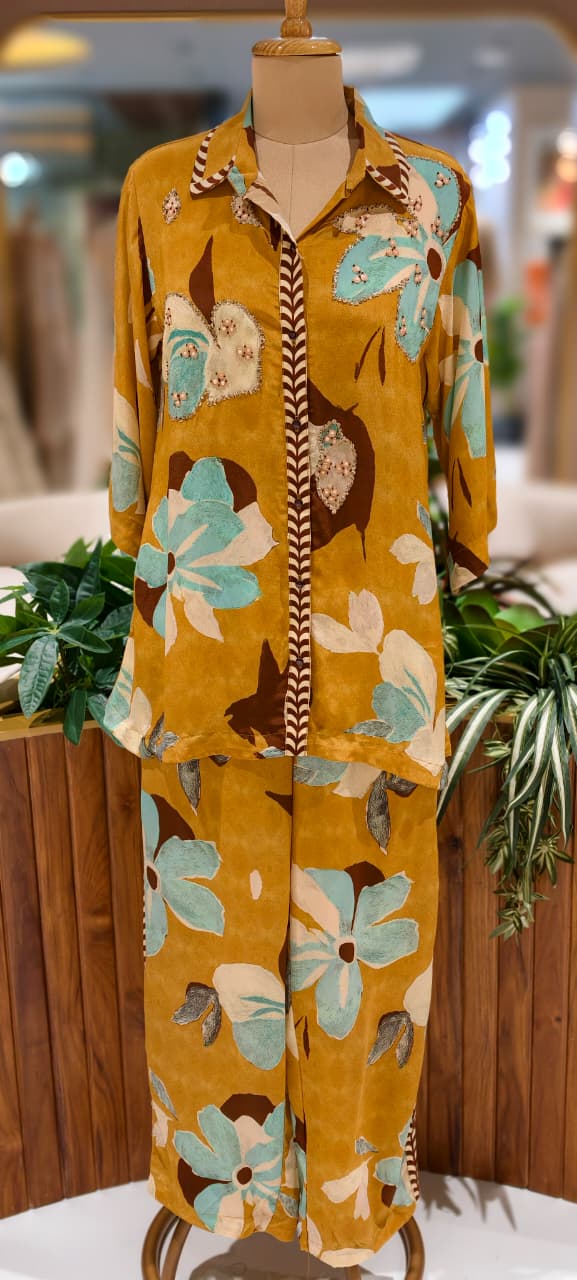 Stylish Indo-Western Kurta Pant Set for Women Mustard Floral Printed Shirt-Style Kurta With Matching Printed Pants In Crepe Fabric- 13090