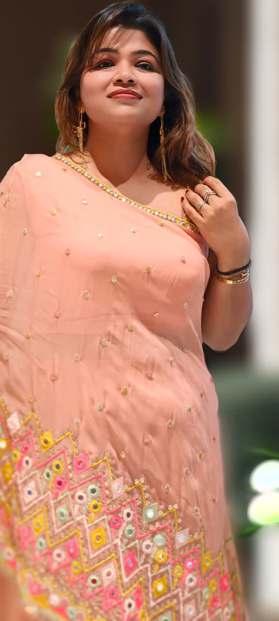 Asymmetrical Mirror Bloom Ethnic Designer Suit With Loose Palazzo Bottom In Georgette Fabric- 13072