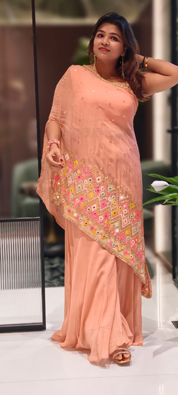 Asymmetrical Mirror Bloom Ethnic Designer Suit With Loose Palazzo Bottom In Georgette Fabric- 13072