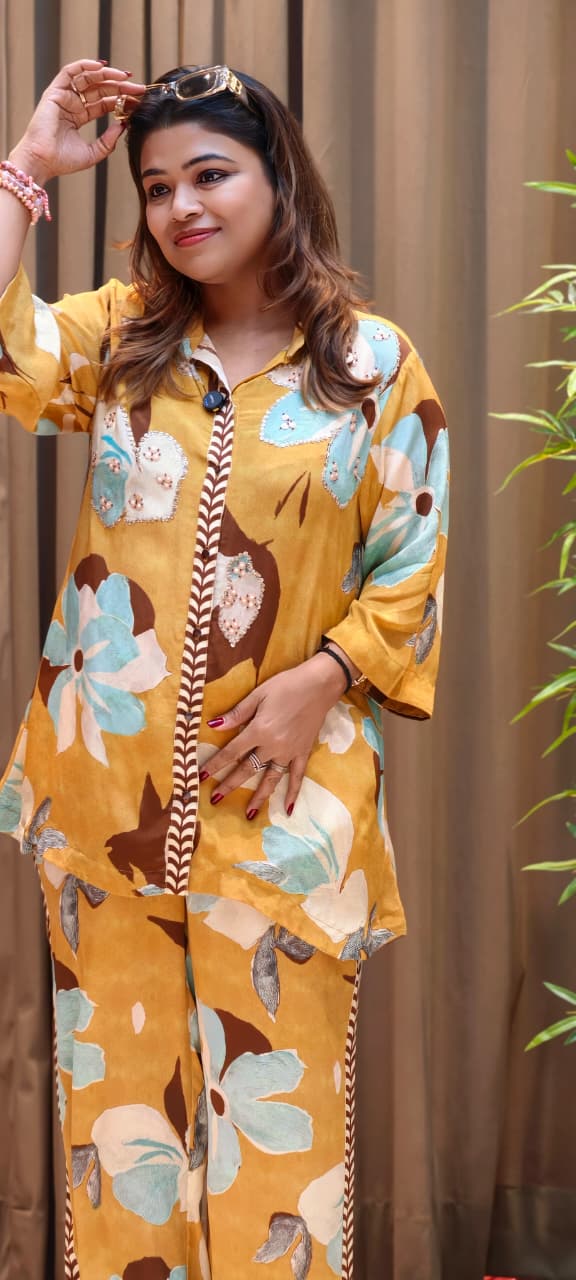 Stylish Indo-Western Kurta Pant Set for Women Mustard Floral Printed Shirt-Style Kurta With Matching Printed Pants In Crepe Fabric- 13090