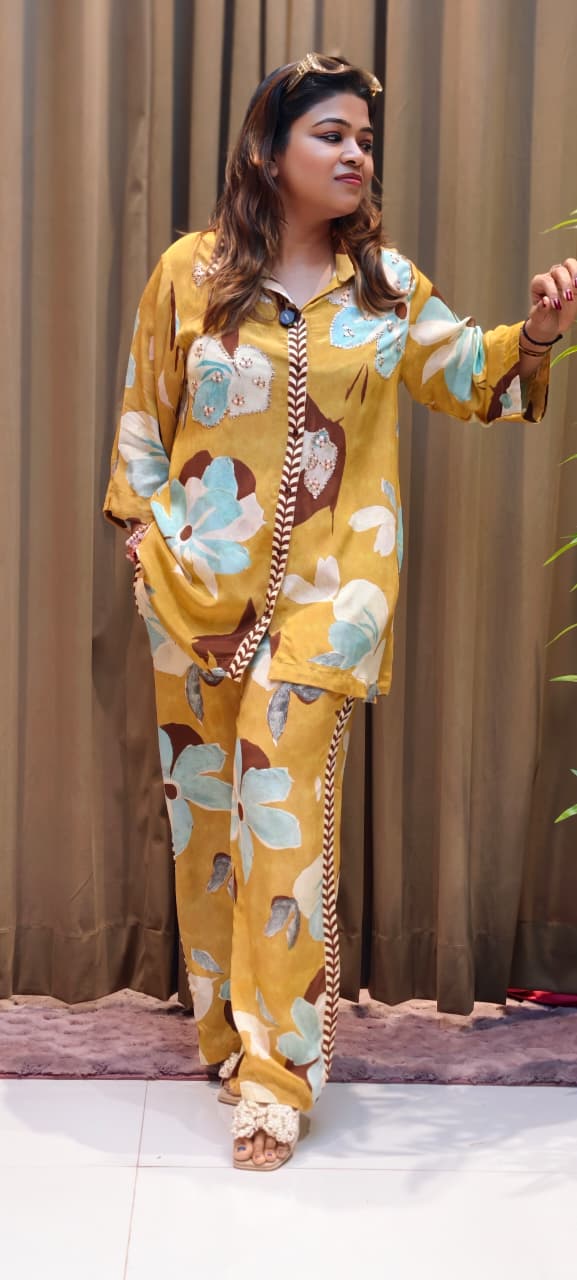 Stylish Indo-Western Kurta Pant Set for Women Mustard Floral Printed Shirt-Style Kurta With Matching Printed Pants In Crepe Fabric- 13090